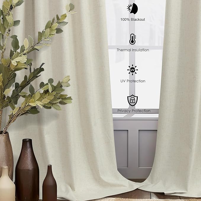 DANCURTON Earthy Extra Long 132 Inch Blackout Curtains for Summer Heat Canvas Drop Cloth Curtains Sound Proof Linen Drapes Privacy Room Divider High Ceiling Bedroom 2 Panels Burg 11 ft Length Beige