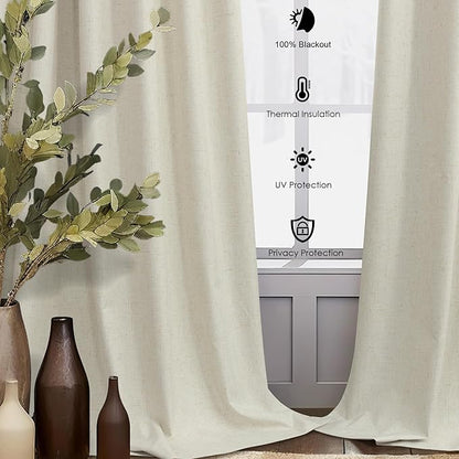 Beige Linen Curtains Boho Textured 100% Blackout Burlap Curtains 86 Inch Length 2 Panels Set Thermal Insulated Country Curtain for Living Room Bedroom Darkening Rustic Farmhouse Drape 52x86 Long