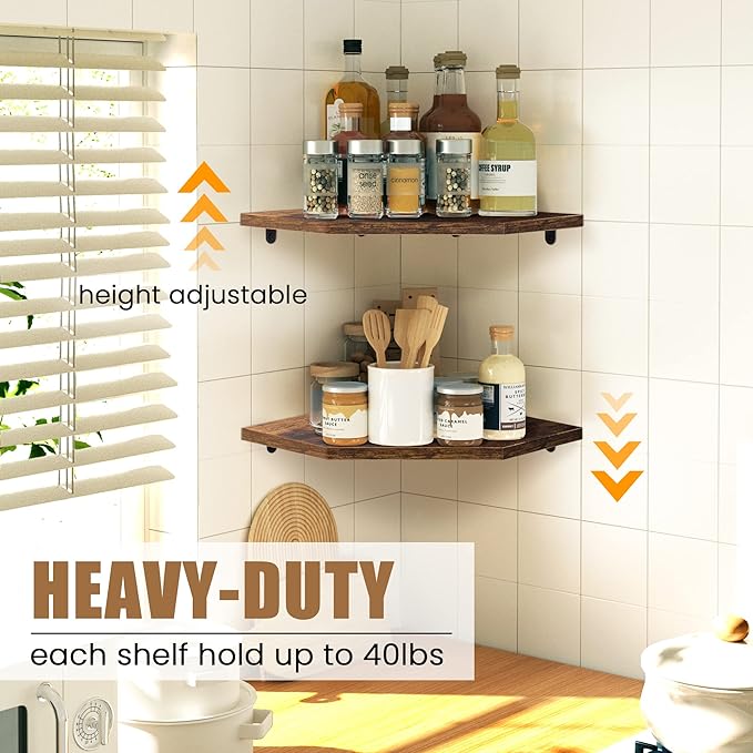 Corner Shelf Wall Mount, Floating Corner Shelves, Set of 4 Corner Wall Shelf Organizer, Rustic Wood Wall Storage Display Shelves for Living Room Bedroom Bathroom Kitchen, Rustic Brown