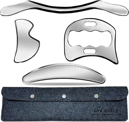 4 in 1 Muscle Scraper Stainless Steel Gua Sha Massage Tool Set with Bag,IASTM Scraping Tools for Muscle Treatment