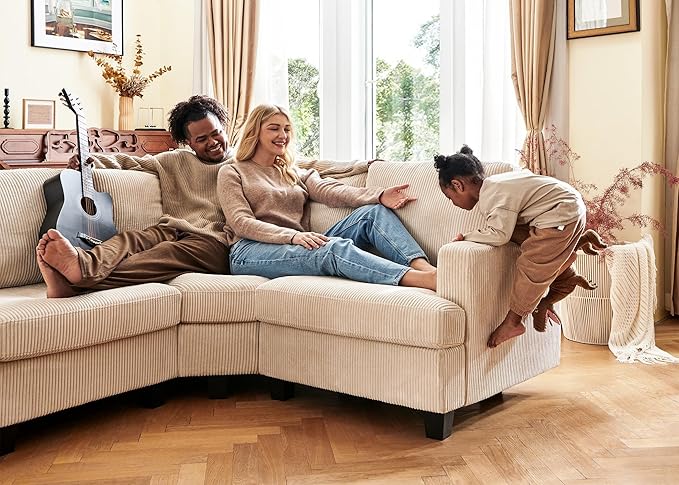 Nolany Modular Sectional Couch with Storage Ottoman, Corduroy Sleeper Sofa with Chaise, Sectional Couches for Living Room, Beige