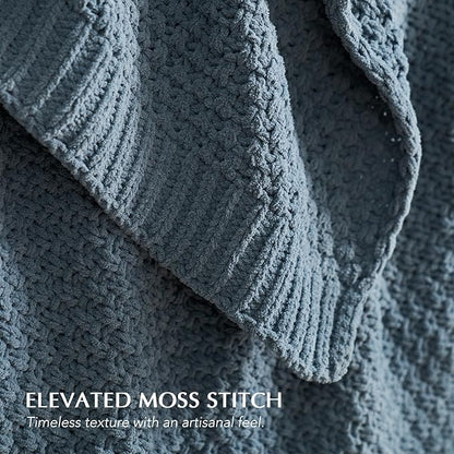 Chunky Chenille Knit Throw Blanket for Couch, Soft Luxurious Moss Stitch Blankets for Bed, Cozy Decorative Farmhouse Knitted Throws for Sofa, Stormy Blue, 60" x 80"