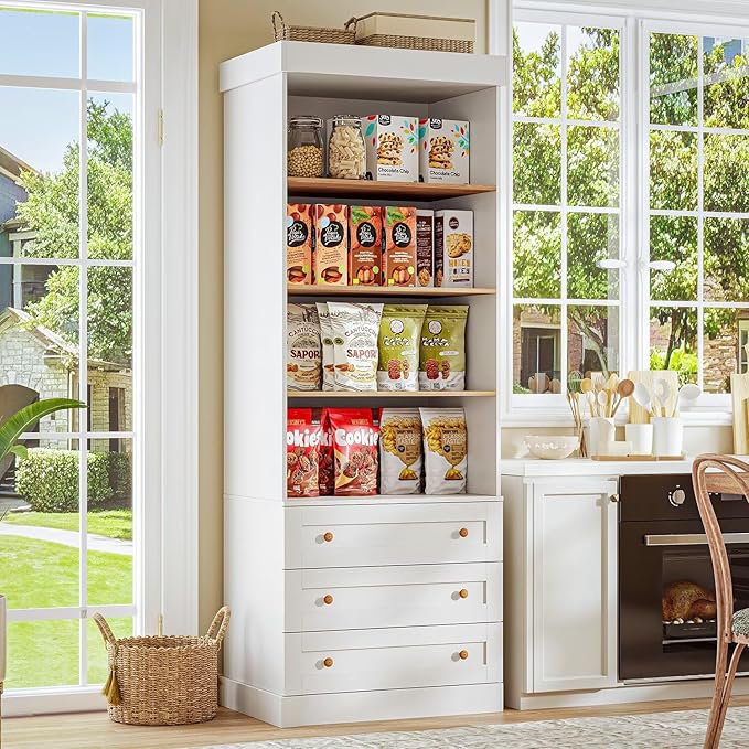 Vyre 71" Tall Farmhouse Bookshelves with Drawers, Set of 3 – Large Modular Bookcase with Adjustable Shelves, Storage Cabinet for Living Room, Kitchen, Home Office, White