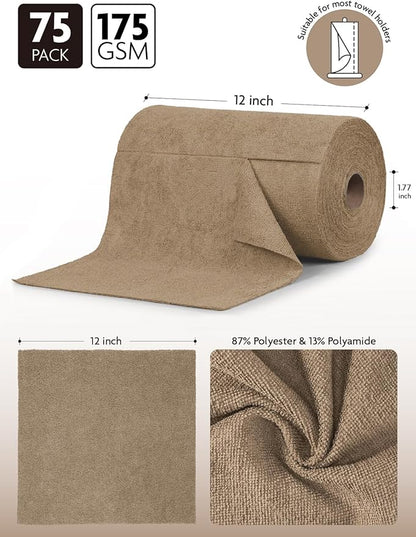 Fantasticlean Microfiber Cleaning Cloth Roll -75 Pack, Tear Away Microfiber Towels, 12" x 12", Reusable, Washable, Scratch Free, Ultra Absorbent Dish Rags for Car, Home, Garage or Shop (TAN)