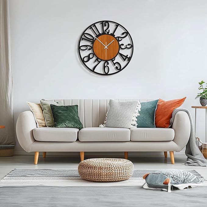 Maxstar Round Wall Clock for Living Room Decor Battery Operated Non Ticking Black Metal Wood Clocks for Home Living Room Garden Office Kitchen Decoration -20 inch