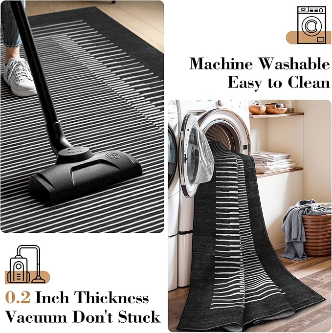Wonnitar Striped Black Area Rugs 9x12 Living Room, Non-Slip Soft Berber Stripe Bedroom Rug, Low Pile Minimalist Floor Carpet for Dining Room Living Room Department (Black,9' x 12')