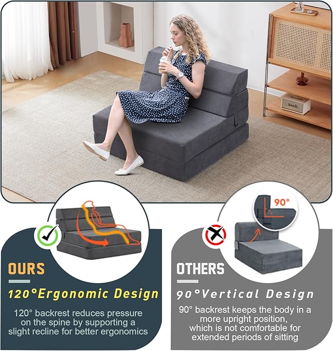 jela Foldable Sofa Bed Large Soft Foam Convertible Sleeper Chair Luxury Corduroy Fabric Fold Out Chair Bed Floor Couch with Back Support Floor Sofa for Living Room Bedroom (83"x33",Darkgrey)
