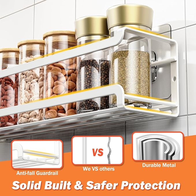 Spice Rack wall mounted 4 Pack, Space-Saving Spice Organizer for Spice Jars and Seasonings,Screw or Adhesive Hanging Spice Rack Organizer for Your Kitchen Cabinet,or Pantry Door,White