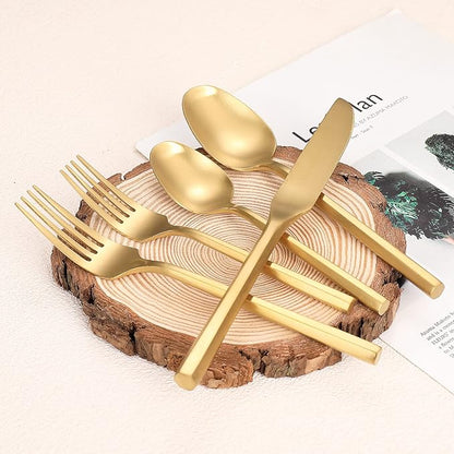 Matte Silverware Set Gold Flatware Set with Hexagon Handle 20 Pieces 18/0 Stainless Steel Cutlery Set Wedding Housewarming Gift Service for 4 (Matt gold)