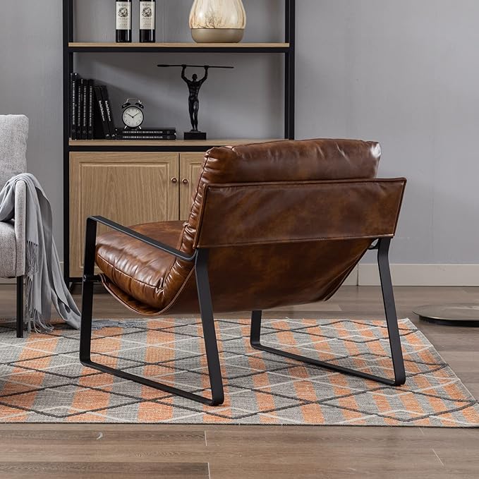 DUOMAY Mid-Century Accent Chair Armchair Set of 2, Comfy PU Leather Leisure Chair Lazy Chair with Metal Leg for Living Room Bedroom Office Apartment, Brown
