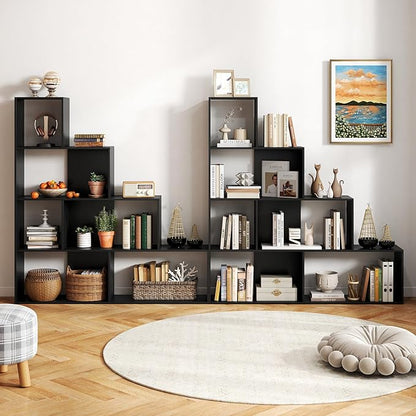 Tangkula 4-Tier Stepped Bookshelf, Freestanding 6 Cubes Ladder Bookcase with Anti-Tipping Kits, 64" Tall Modern Wooden Storage Display Rack for Home Office Living Room Study (2, Black)