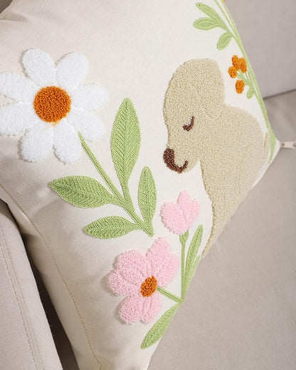 katre home madame & textile Embroidered Dog Pillow Cover – 18x18 inch Handmade Punch Needle Cushion – Boho Cotton Throw Pillow for Couch, Bed, or Gift for Dog Lovers