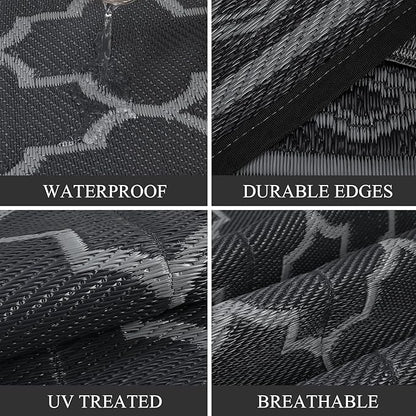 GAOMON Outdoor Rug 9'x12' Waterproof Rug for Patio Decor, Foldable Reversible Plastic Straw Area Rugs Mat for Camper, Outside Carpet for Deck, Porch, Picnic, Beach, Black/Grey(Geometric)