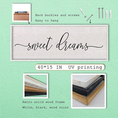LuZhiQiang Sweet Dreams Wall Decor Sign 40"X15" Master Bedroom Over Bed Wall Wood Framed Art (White)