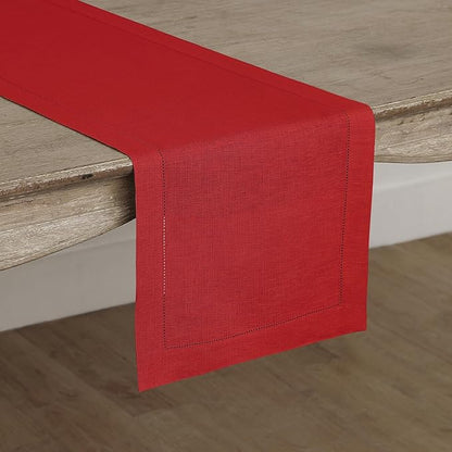 Solino Home Linen Red Table Runner 36 Inches - Classic Hemstitch, 100% Pure Linen Coffee Table Runner 14 x 36 Inch Ideal for Dresser Tables