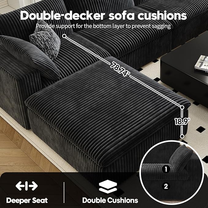 157.5" Cloud Couch Oversized Modular Sectional Sofa for Living Room,Modern Sofa with Deep Seat，U-Shape Boneless Couch with 2 Ottoman,Comfy Upholstered Couches for Apartment, Studio, Office,Black