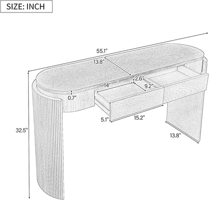 55" Sofa Table with Oval Top and 2 Drawers, Entryway Console Table with Fluted Design for Hallway,Foyer,Entry and Living Room (Fully Assembled-Pine Wood)