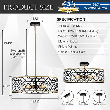5-Light Drum Chandeliers for Dining Room,19.7" Rustic Farmhouse Dining Room Light Fixture, Black&Gold Metal Hanging Pendant Light for Living Room Bedroom Kitchen Entryway Foyer