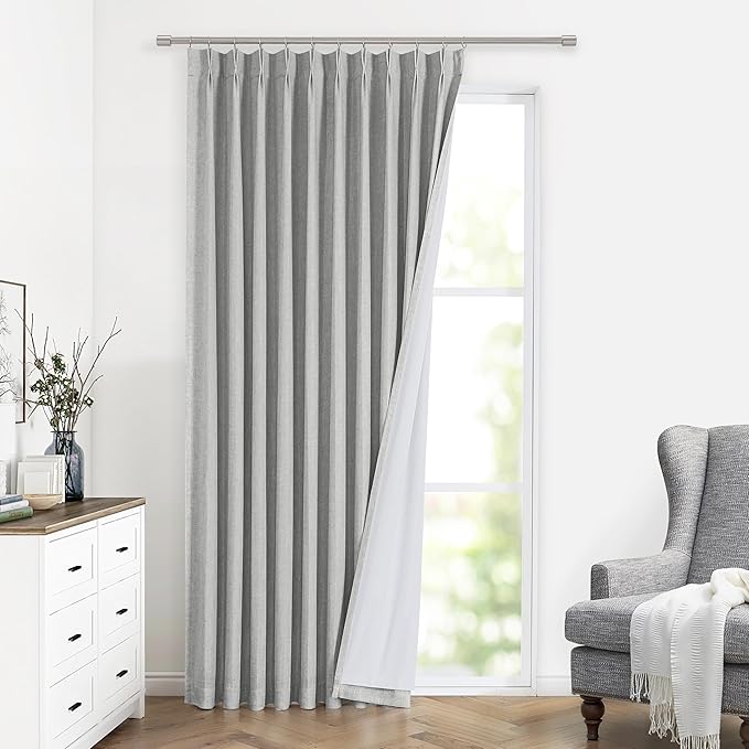 Vision Home Light Gray Pinch Pleated Full Blackout Curtains Linen Blended Thermal Insulated Window Panels 102 inch for Bedroom Living Room Darkening Grey Pleat Drapes with Hooks Back Tab 60"Wx102"Lx1