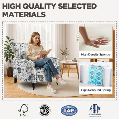 Wingback Accent Chair with Removable Pillow, High Back Floral Armchair with Solid Wood Legs & Nailhead Trim, Comfy Upholstered Reading Single Sofa Chair for Bedroom (2, Blue Floral Pattern)