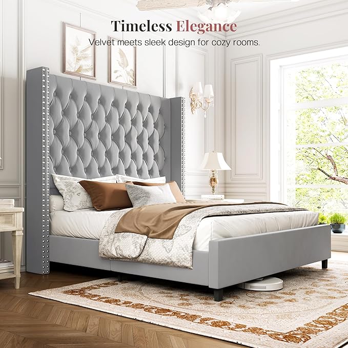 PaPaJet Queen Size Bed Frame with 61.4" Tall Headboard, Velvet Upholstered Platform and Handmade Deep Button Tufting, No Box Spring Required, Grey