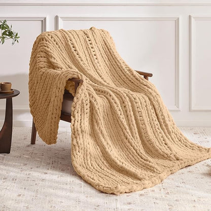 Chunky Knit Throw Blanket, 80''*90'' Knitted Throw Chenille Yarn for Bed Couch, Handmade Beige Crochet Big Thick Blanket, Machine Washable Cute Comfy Blanket for Home Decor
