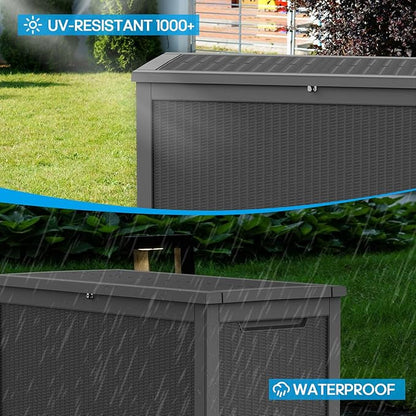 Large Deck Box 260 Gallon, Resin Patio Storage Box with Lockable Lid for Patio Furniture, Garden Tools, Pool Accessories, Weatherproof Outdoor Storage Bin, Black