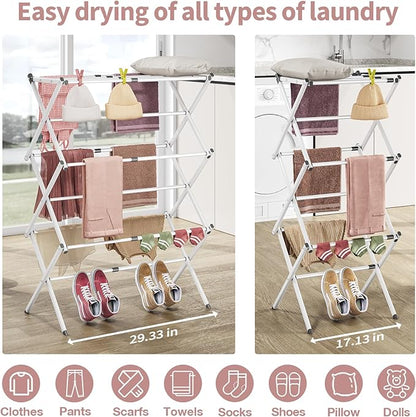 APEXCHASER Clothes Drying Rack, 3-Tier Laundry Drying Rack for Clothes, Expandable Metal Clothing Dryer, Collapsible Towel Rack, Air Drying Rack, White