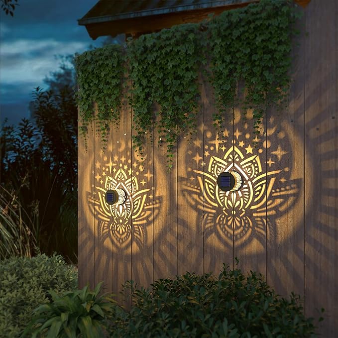 4 Pack Solar Fence Lights Metal Solar Powered Outdoor Wall Deck Lights Lotus Theme Waterproof Fence Light for Garden Post Patio Backyard Yard Decor (Lotus, 4 Pack)