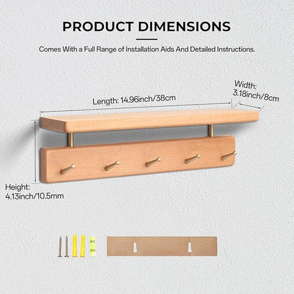 Shelf with Hooks, Solid Wood Bedroom Shelves for Wall, Wooden Coat Rack Wall Mount for Bathroom, Kitchen, Door Entryway (Beech, 38cm/14.96inch)