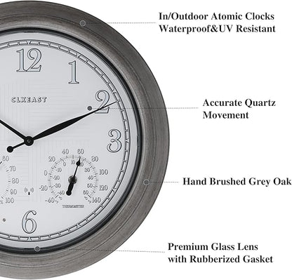 CLXEAST 18 Inch Farmhouse Illuminated Outdoor Atomic Wall Clock with Thermometer & Hygrometer Combo, Night Lighted Wall Clock with Smart Sensor, Weather Stations,Brushed Grey Oak Finish
