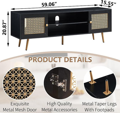 Mid Century Modern TV Stand for 65 inch TV, Entertainment Center with Storage, Metal Mesh Decorated Cabinet Doors for Living Room, Black