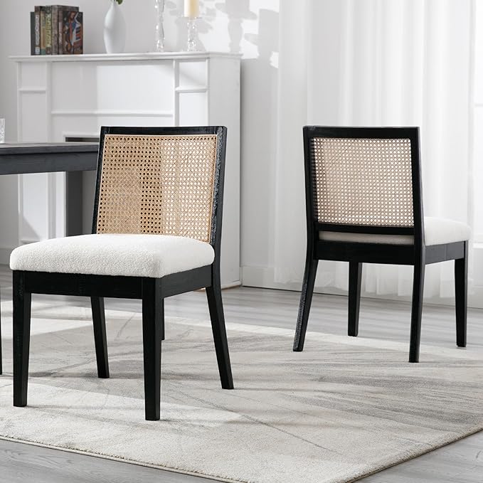 VESCASA Upholstered Dining Chairs with Square Rattan Back, Armless Padded Sherpa Fleece Cushion Dining Chairs with Wood Legs for Dining Room, Kitchen, Set of 4, Black Frame