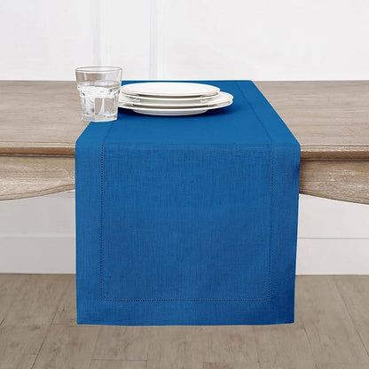 Solino Home Linen Indigo Blue Table Runner 144 Inches Long - 100% Pure Linen Extra Long Table Runner 14 x 144 Inch for Fall, Autumn - Classic Hemstitch