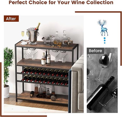 GOFLAME Industrial Wine Rack Table, Wine Bar Cabinet with 2-Tier Wine Rack, 4 Row Glass Holder and Storage Shelves, Freestanding Floor Liquor Storage Stand for Kitchen, Dining Room, Rustic Brown