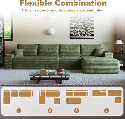 136" Sectional Couches for Living Room Modern Modular Sofa with L-Shape Couchs Upholstered Boneless Couch Deep Seat Sectional Couch with Chaise (Green, Right Facing Chaise+3Seaters)
