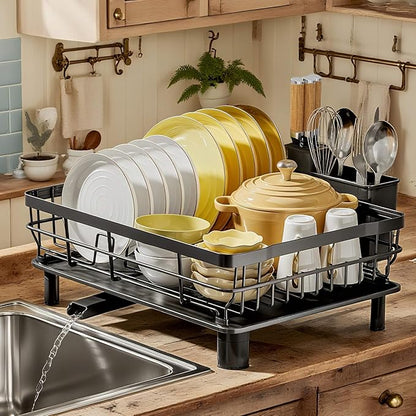 MOUKABAL Dish Drying Rack, Dish Rack, Stainless Steel Dish Racks for Kitchen Counter, Dish Drainer with Removable Utensil Holder, Drainboard (Black)