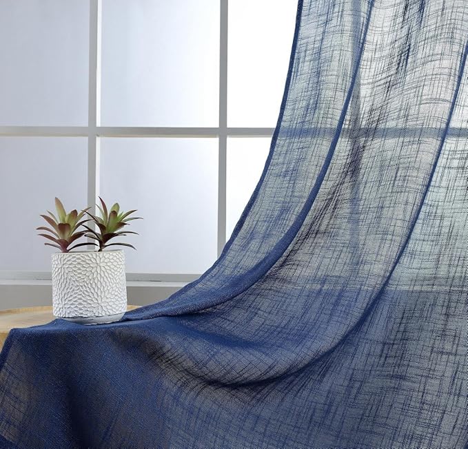 MIUCO Semi Sheer Curtains Poly Linen Textured Solid Grommet Curtains 95 Inches Long for Living Room 2 Panels (2 x 37 Wide x 95" Long) Navy Blue
