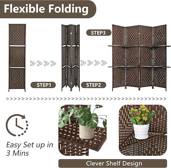 PayLessHere Room Divider 4 Panel Room Screen Divider Wooden Screen Folding Portable Partition Screen Wood with Removable Storage Shelves Color, Brown