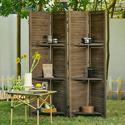 Room Divider with Shelves, 5.6 Ft Tall Folding Wood Screen with Double Hinges for Home Office Bedroom Hotel Decoration (4 Panels, Brown)