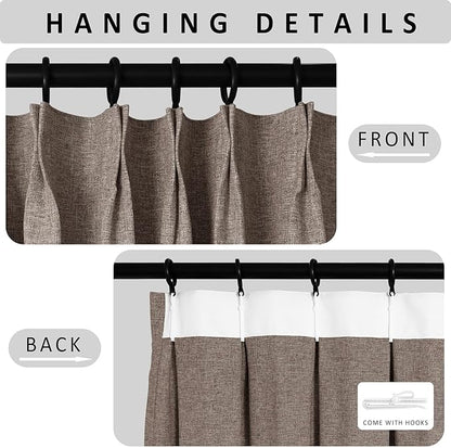 Macochico 100”Wx96”L Pinch Pleated 100% Blackout Linen Curtains Thermal Sliding Curtains for Bedroom Living Room Sliding Glass Door Farmhouse Shabby Chic Light Brown Drapery with Tieback 1 Panel