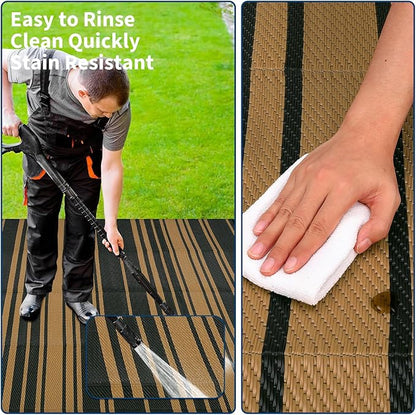 Outdoor Patio Rug 9x12 Stain-Resistant Reversible Camping Mat, Modern Striped Outdoor Plastic Straw Rug, Waterproof Outside Carpet, Easy to Clean for RV, Porch, Deck, Balcony, Black Brown