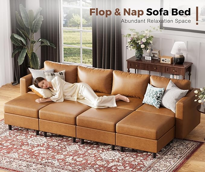 118.5" Faux Leather Modular Sectional Sofa with Storage Seat, Oversized 4 Seater Couch Deep Seat with Removable Cover Brown