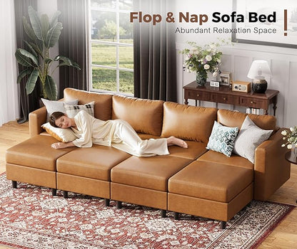 118.5" Faux Leather Modular Sectional Sofa with Storage Seat, Oversized 4 Seater Couch Deep Seat with Removable Cover Brown