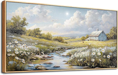 PHAOHUAXM Wood Framed Wall Art For Living Room Large Canvas Wall Decor For Bedroom Flower Watercolour Painting Office Decor Countryside Scenery Wall Picture Printing Artwork Home Decor 20x40 In
