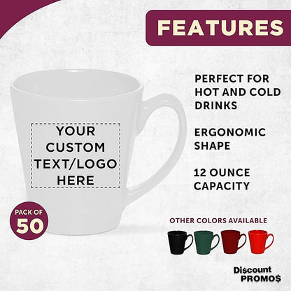 DISCOUNT PROMOS Custom Glossy Ceramic Latte Coffee Mug 12 oz. Set of 50, Personalized Bulk Pack - Perfect for Tea, Espresso, Cappuccino, Hot Cocoa - White