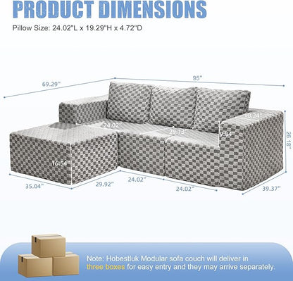 Hobestluk Modular Sectional Sofa Memory Foam Couch Oversized Sectional Sofa 3-Seater with Chaise Cloud Couch with Removable Cover L Shape Sofa for Living Room (Plush Grey, 3-Seater with Chaise)