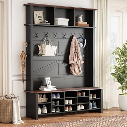 Ball & Cast 4-in-1 Hall Tree with 6 Hooks,Walnut Entryway Bench with Adjustable Shelves,Rustic Shoe Organizer with 16 Open Compartments,for Mudroom,Living Room,Hallway,Black