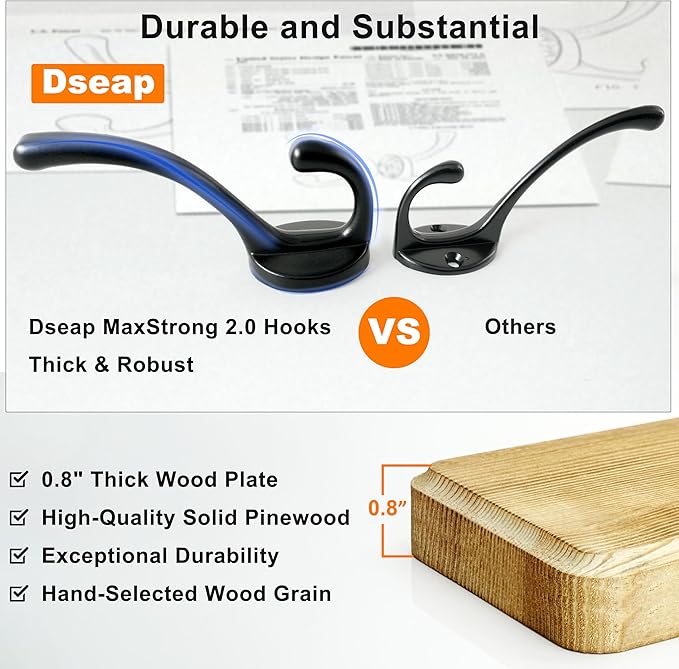 Dseap Wall Mounted Coat Rack: 38-1/4" Long, Patented, Heavy-Duty, 10-Double-Hooks Wooden Hanger Rail for Winter Coats, Hats, Jackets, Clothing - Black, Pack of 2