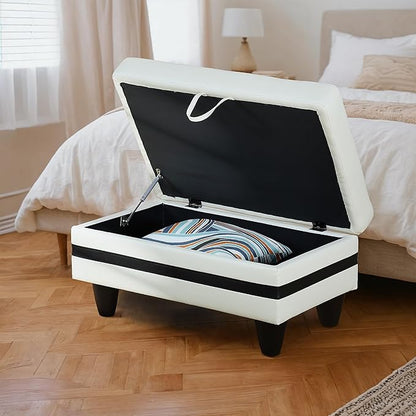 Ottoman Rectangular Storage Ottoman Bench, Faux Leather Footrest, Coffee Table, Stool Footstool with Hinged Lid for Living Room, Bedroom, Entryway, White with Black Strip, 35"x23.5"x17.5"